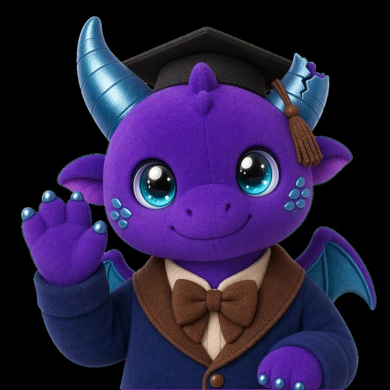 A plush dragon in a graduation cap, waving